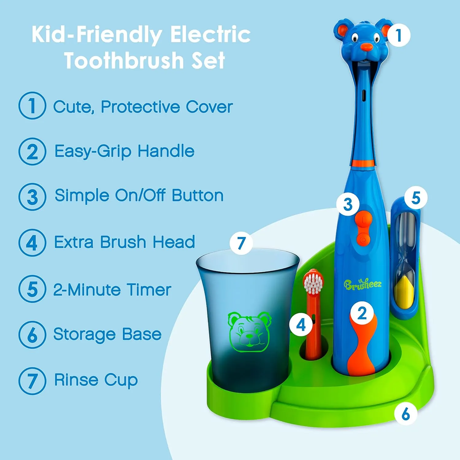Brusheez Kids’ Electric Toothbrush Set - Safe & Effective for Ages 3  - Parent Tested & Approved with Gentle Bristles, 2 Brush Heads, Rinse Cup, 2-Minute Timer, & Storage Base (Buddy The Bear)