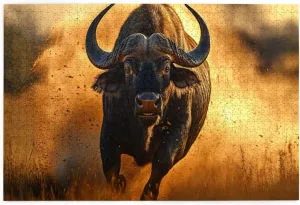 Buffalo Chasing On Grassland at Dusk, 1000-Piece Wooden Puzzles for Adults,Wonderful Imagination，High-Difficulty Family Entertainment Game, Ideal for Exercising Hands-On Skills