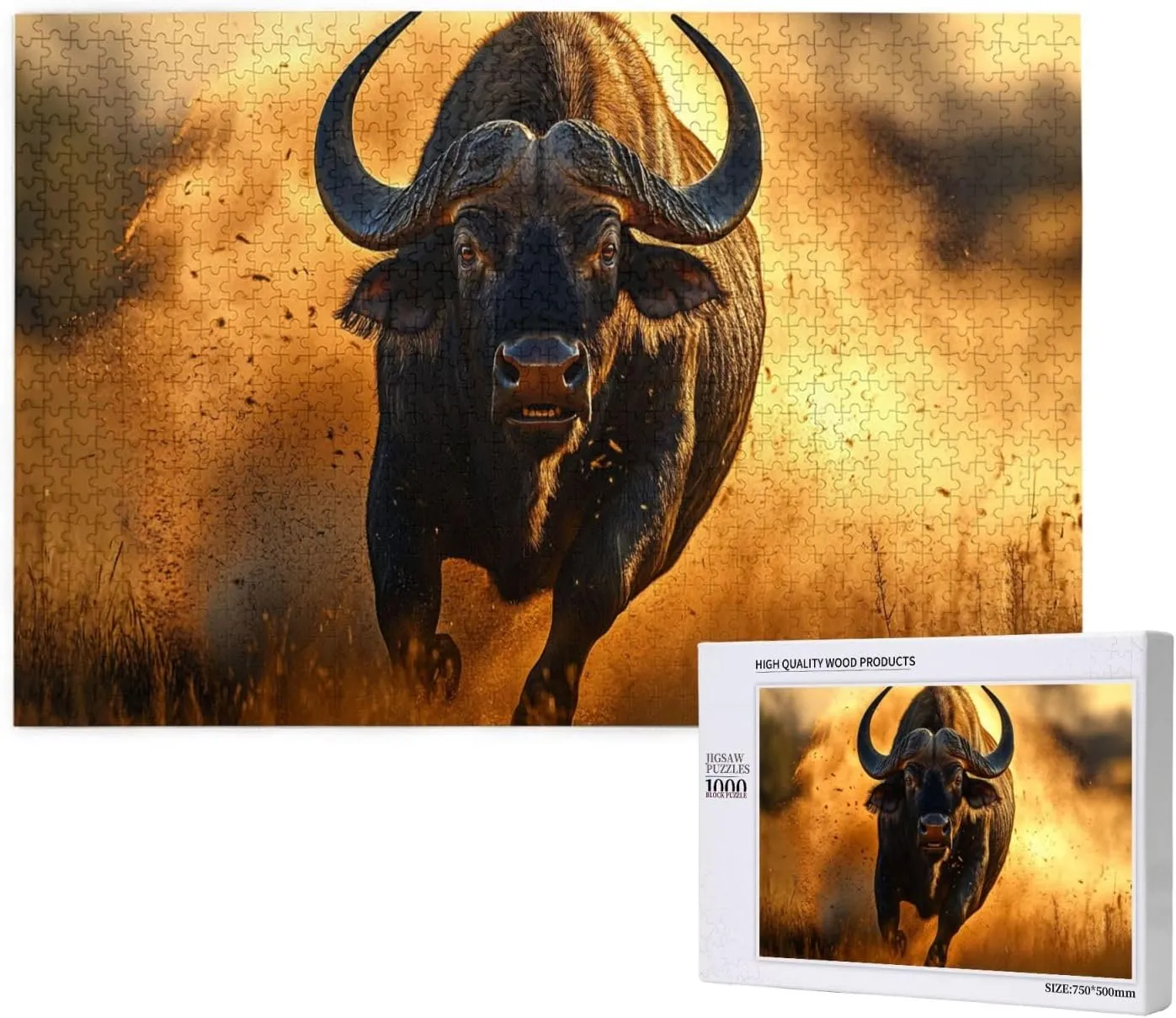 Buffalo Chasing On Grassland at Dusk, 1000-Piece Wooden Puzzles for Adults,Wonderful Imagination，High-Difficulty Family Entertainment Game, Ideal for Exercising Hands-On Skills