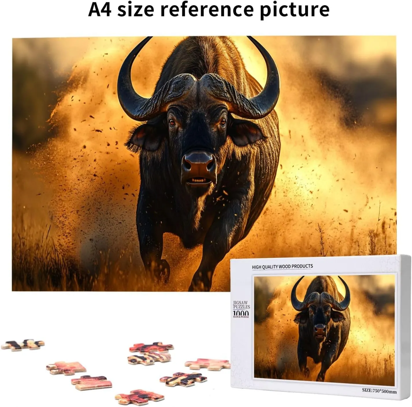 Buffalo Chasing On Grassland at Dusk, 1000-Piece Wooden Puzzles for Adults,Wonderful Imagination，High-Difficulty Family Entertainment Game, Ideal for Exercising Hands-On Skills