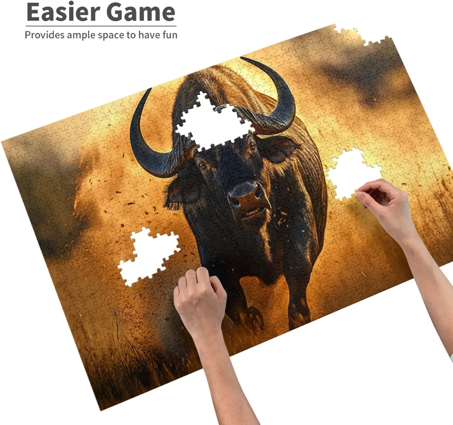 Buffalo Chasing On Grassland at Dusk, 1000-Piece Wooden Puzzles for Adults,Wonderful Imagination，High-Difficulty Family Entertainment Game, Ideal for Exercising Hands-On Skills