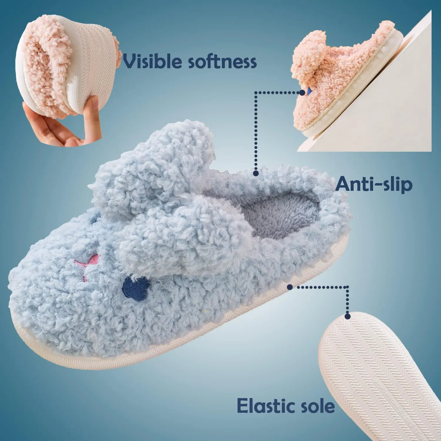 Bunny Slippers for Women Cute Animal Slippers Cozy Memory Foam House Slippers Warm Fleece Lining Soft Plush Non-Slip Sole Indoor Outdoor Shoes