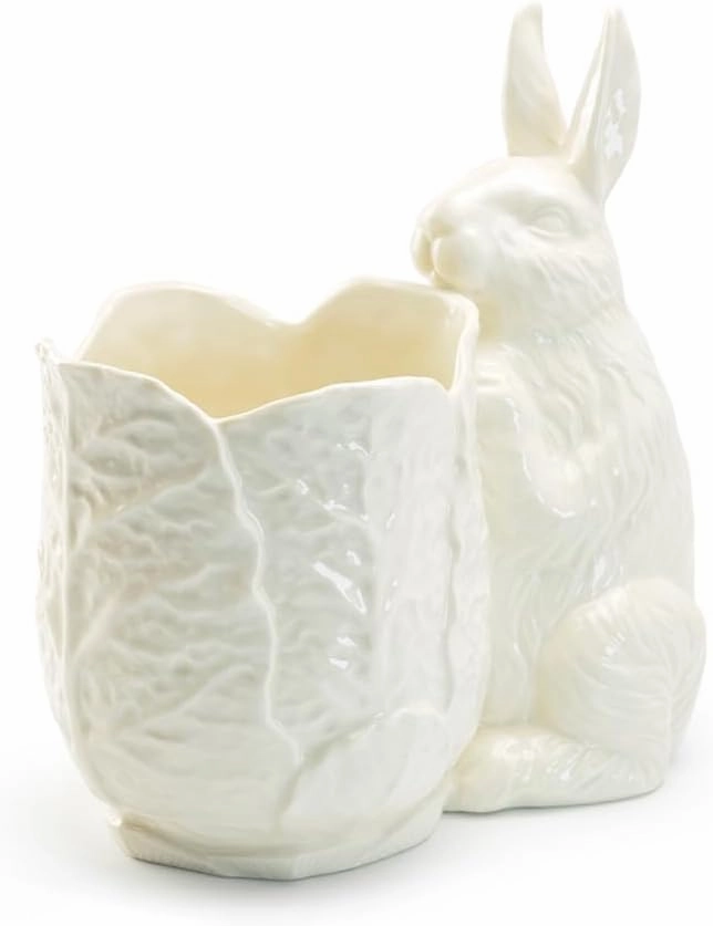 Bunny Cabbage Figurine Fine Porcelain Vase Spring Easter Home Decor, Regular, White
