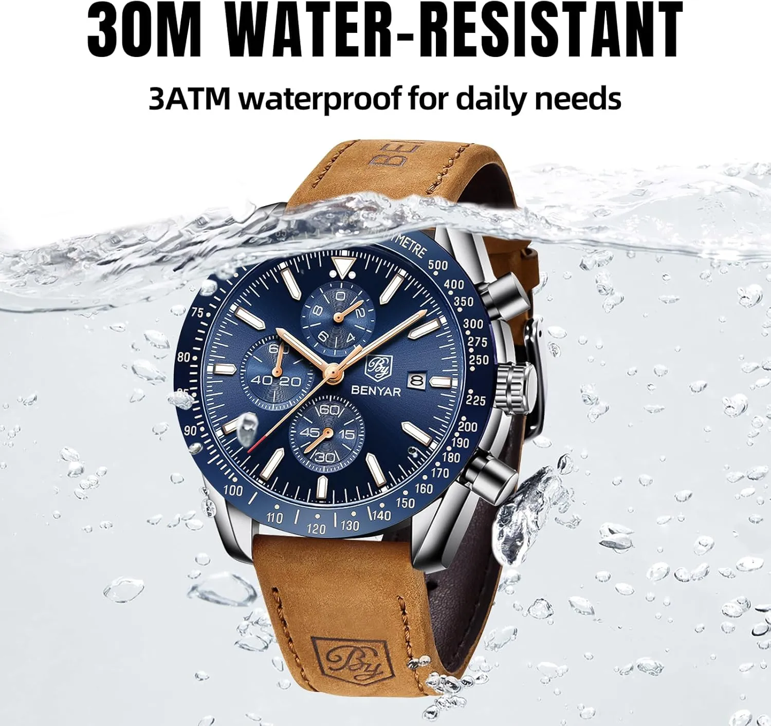 BY BENYAR Mens Watches Analog Quartz Chronograph Waterproof Men's Wrist Watches Business Casual Fashion Classic Designer Elegant Dress Watch with Calendar Leather/Stainless Steel Strap Gifts for Men