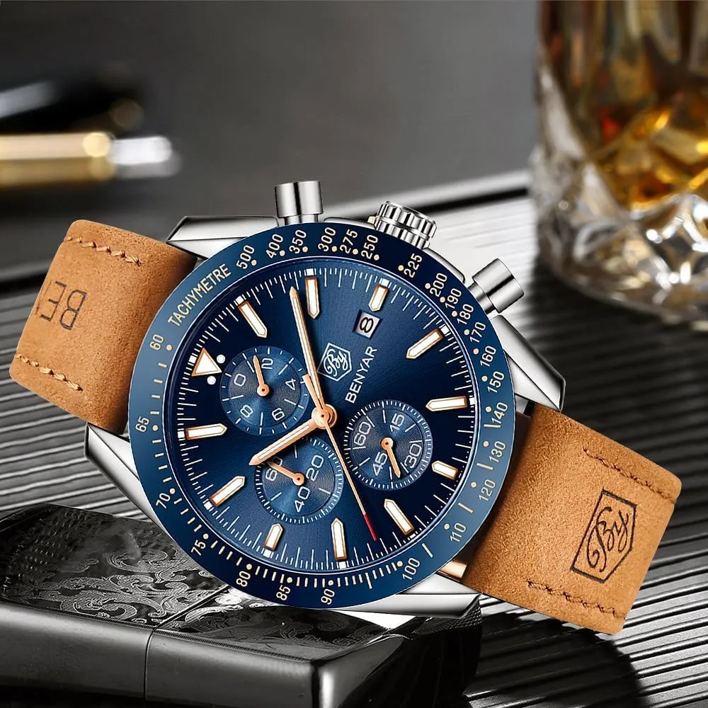 BY BENYAR Mens Watches Analog Quartz Chronograph Waterproof Men's Wrist Watches Business Casual Fashion Classic Designer Elegant Dress Watch with Calendar Leather/Stainless Steel Strap Gifts for Men