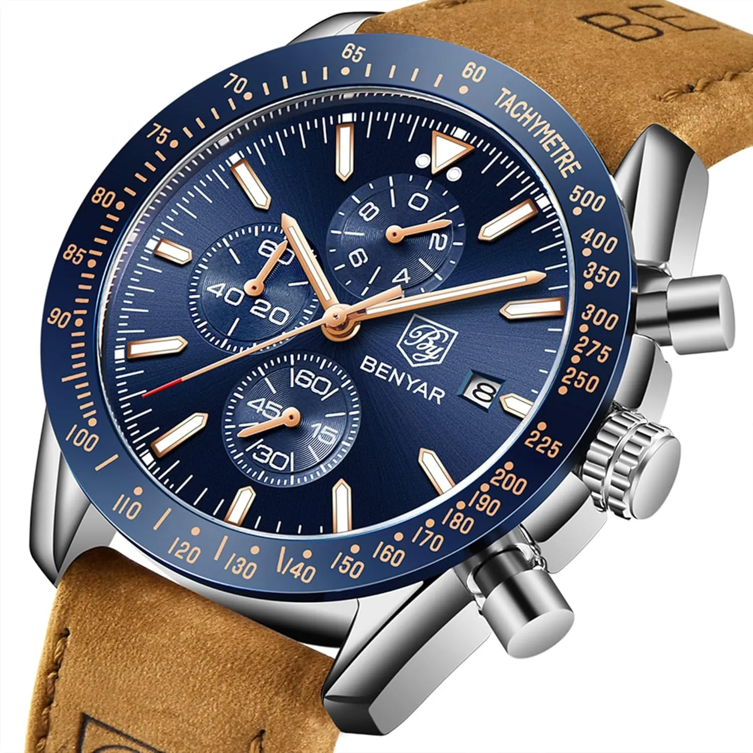 BY BENYAR Mens Watches Analog Quartz Chronograph Waterproof Men's Wrist Watches Business Casual Fashion Classic Designer Elegant Dress Watch with Calendar Leather/Stainless Steel Strap Gifts for Men
