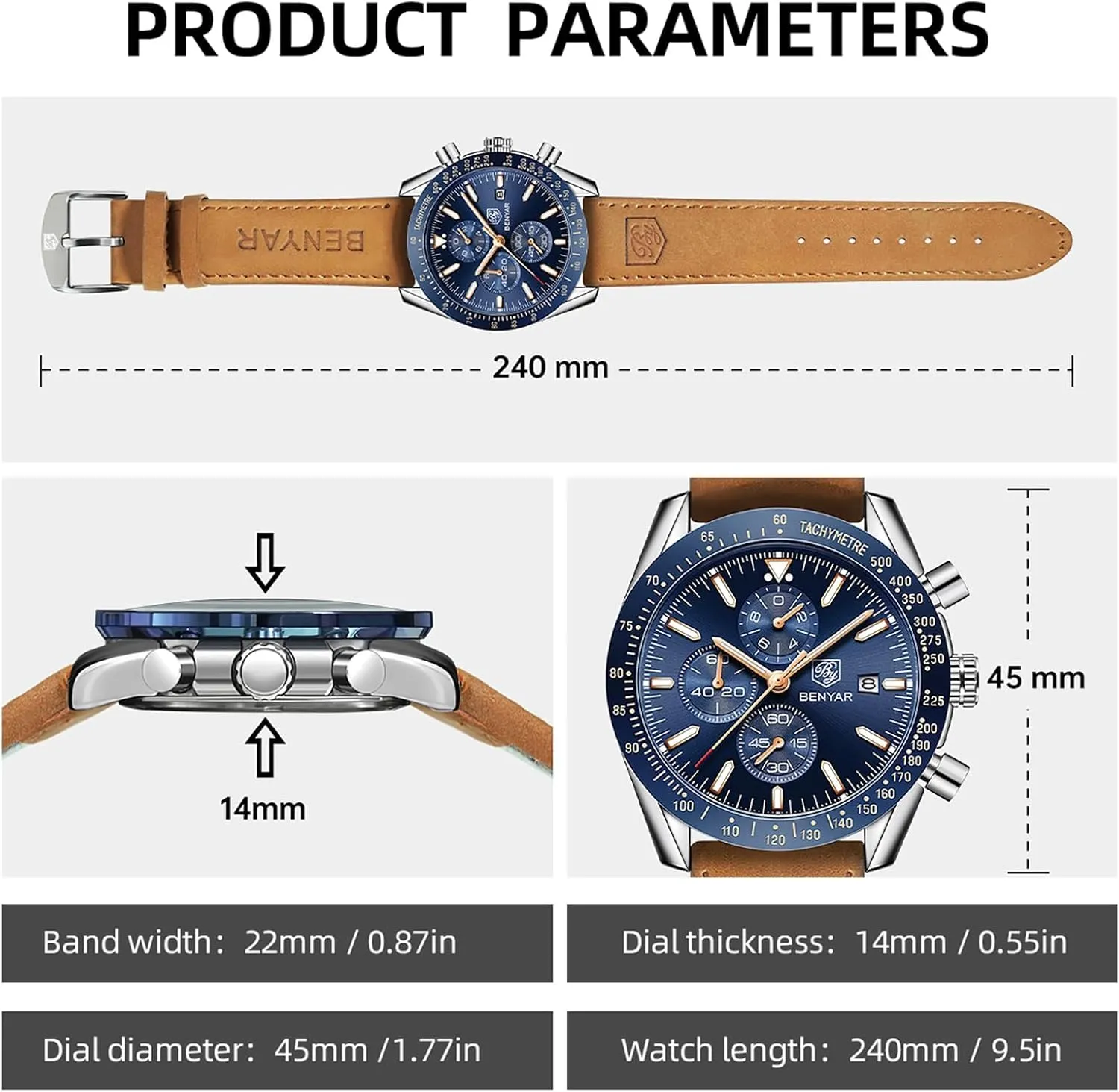 BY BENYAR Mens Watches Analog Quartz Chronograph Waterproof Men's Wrist Watches Business Casual Fashion Classic Designer Elegant Dress Watch with Calendar Leather/Stainless Steel Strap Gifts for Men