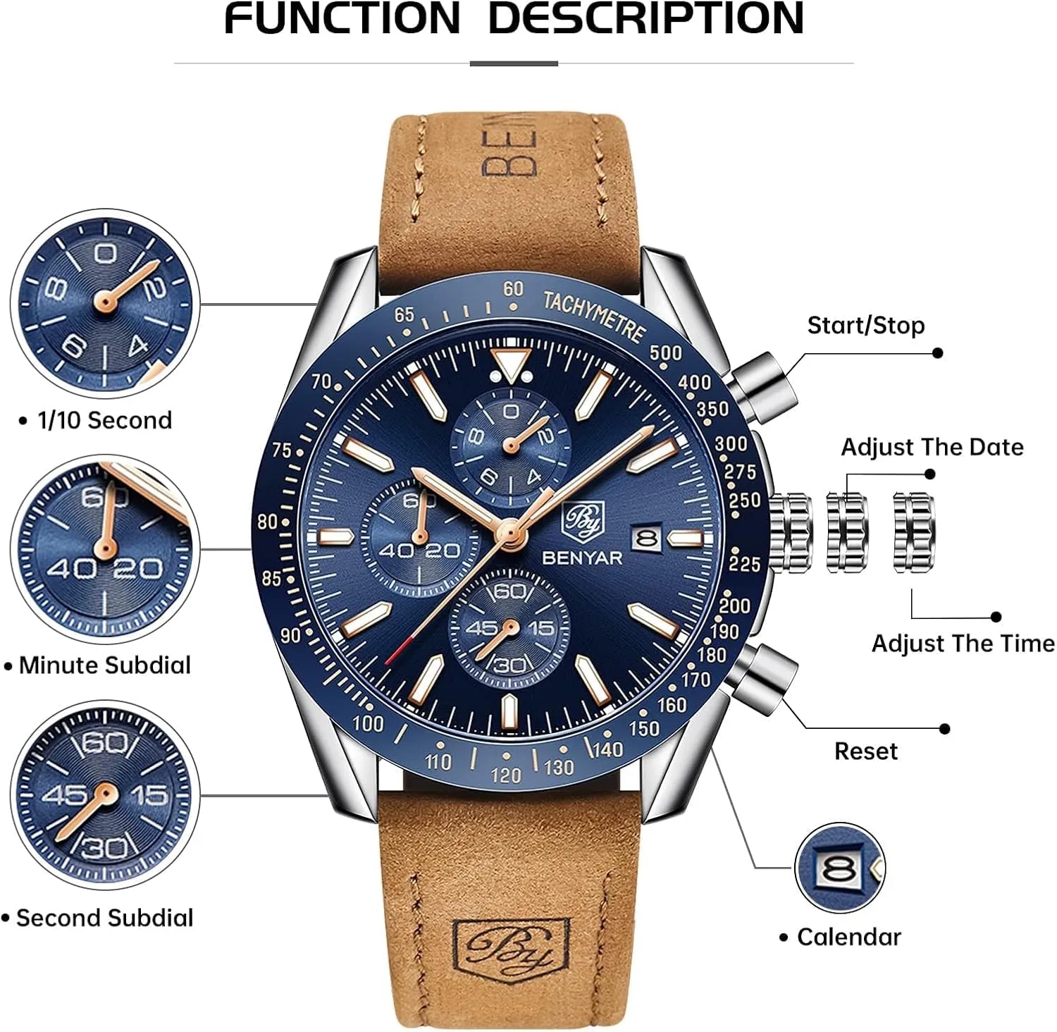 BY BENYAR Mens Watches Analog Quartz Chronograph Waterproof Men's Wrist Watches Business Casual Fashion Classic Designer Elegant Dress Watch with Calendar Leather/Stainless Steel Strap Gifts for Men