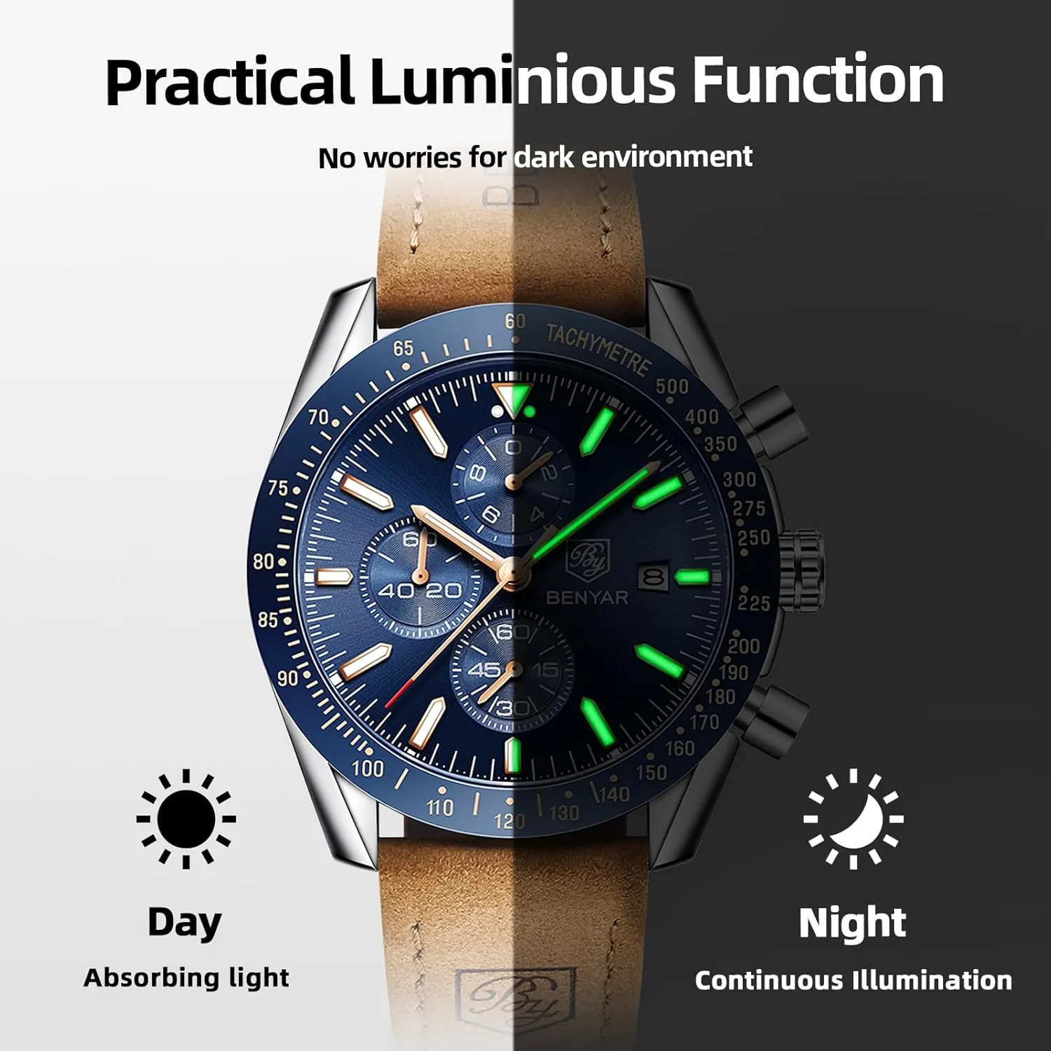 BY BENYAR Mens Watches Analog Quartz Chronograph Waterproof Men's Wrist Watches Business Casual Fashion Classic Designer Elegant Dress Watch with Calendar Leather/Stainless Steel Strap Gifts for Men