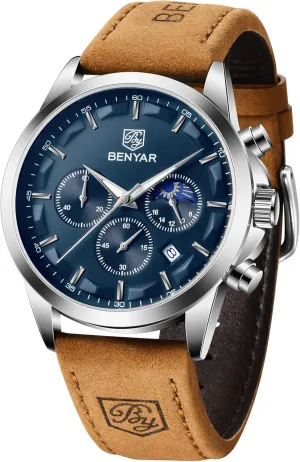 BY BENYAR Mens Watches Analog Quartz Chronograph Waterproof Wrist Watches for Men Fashion Business Work Casual Sport Designer Dress Watch with Calendar Elegant Gifts for Men