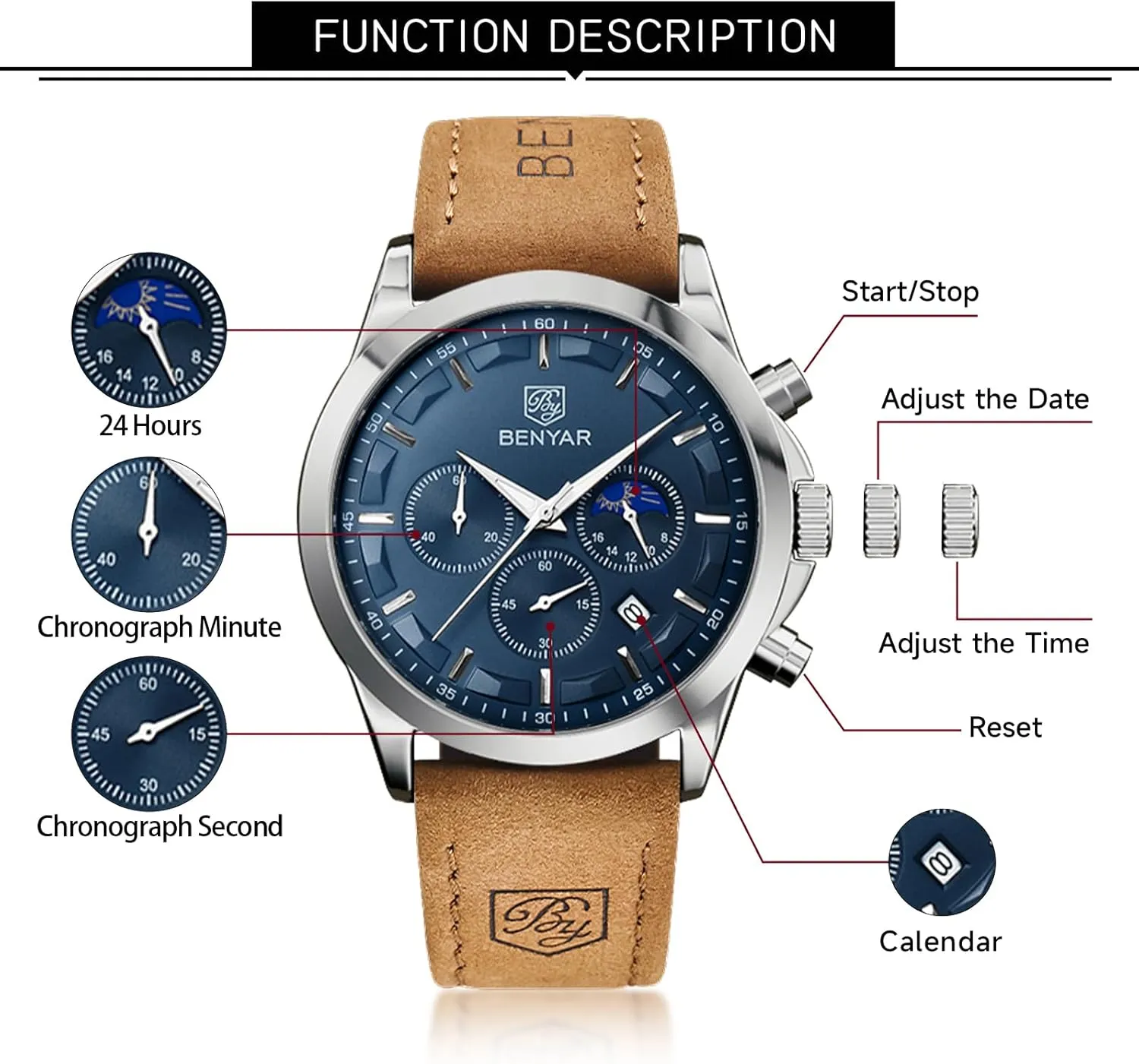BY BENYAR Mens Watches Analog Quartz Chronograph Waterproof Wrist Watches for Men Fashion Business Work Casual Sport Designer Dress Watch with Calendar Elegant Gifts for Men