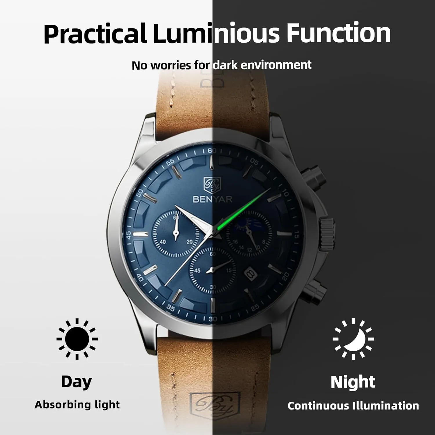 BY BENYAR Mens Watches Analog Quartz Chronograph Waterproof Wrist Watches for Men Fashion Business Work Casual Sport Designer Dress Watch with Calendar Elegant Gifts for Men