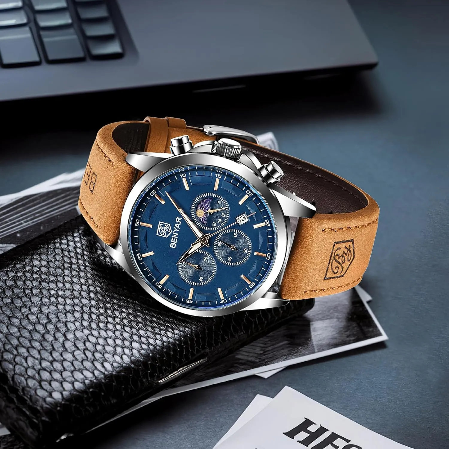 BY BENYAR Mens Watches Analog Quartz Chronograph Waterproof Wrist Watches for Men Fashion Business Work Casual Sport Designer Dress Watch with Calendar Elegant Gifts for Men