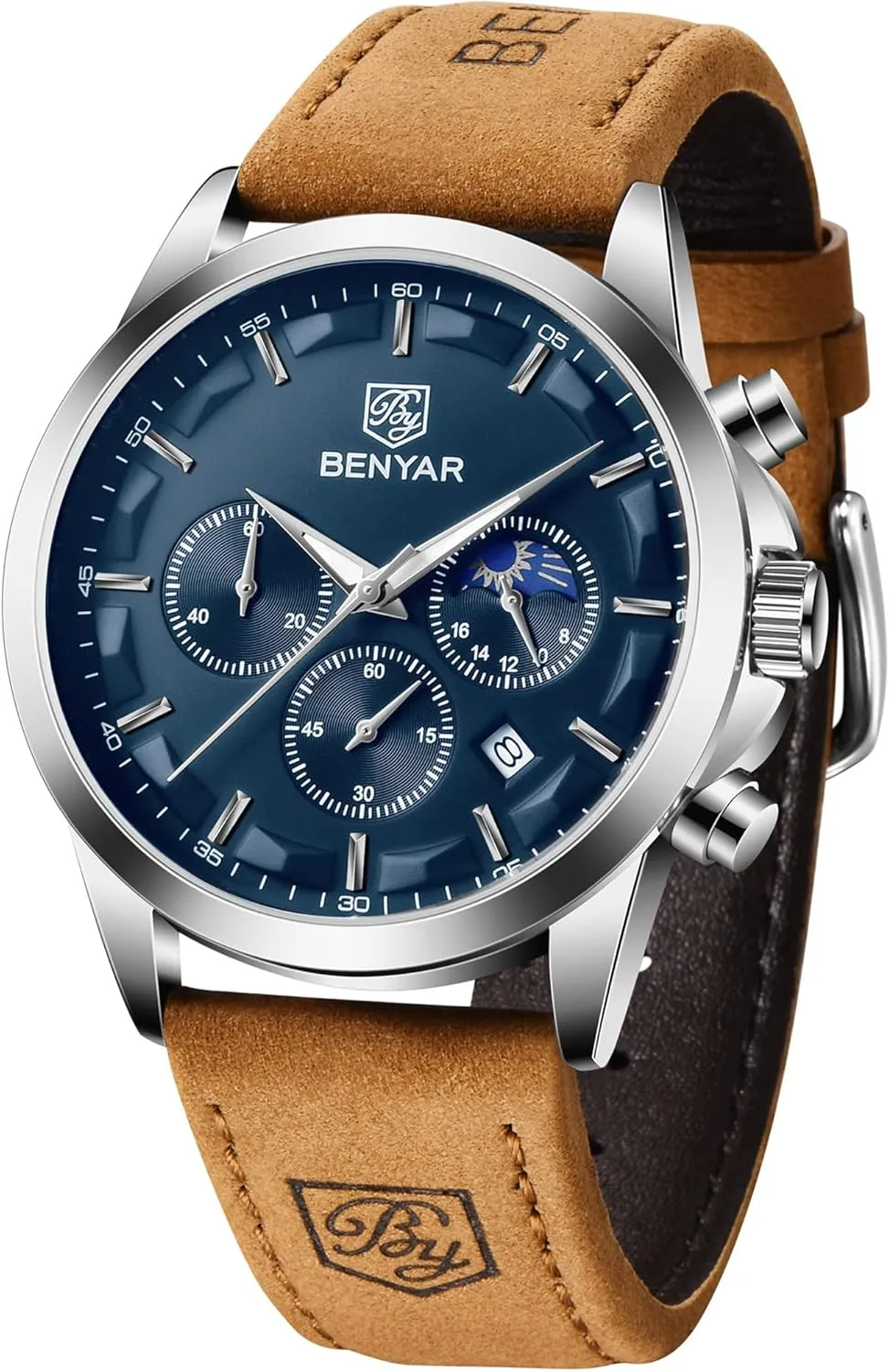 BY BENYAR Mens Watches Analog Quartz Chronograph Waterproof Wrist Watches for Men Fashion Business Work Casual Sport Designer Dress Watch with Calendar Elegant Gifts for Men