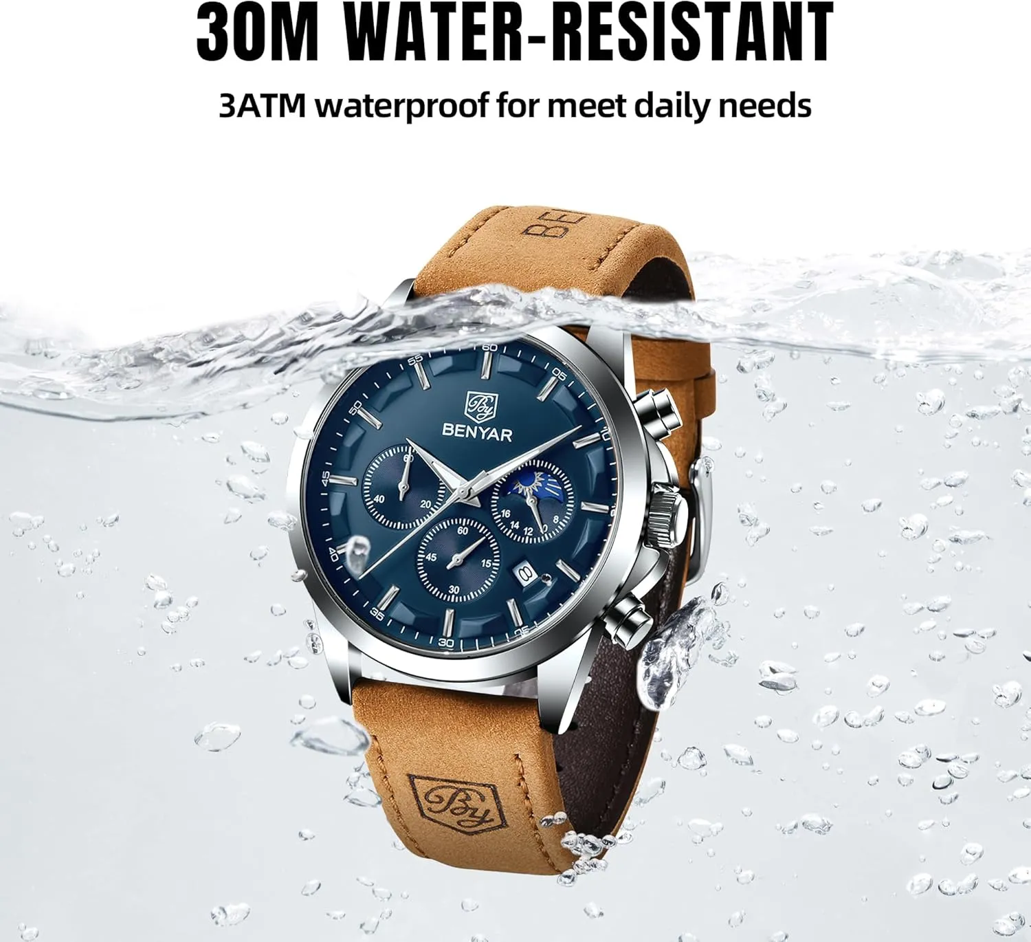 BY BENYAR Mens Watches Analog Quartz Chronograph Waterproof Wrist Watches for Men Fashion Business Work Casual Sport Designer Dress Watch with Calendar Elegant Gifts for Men