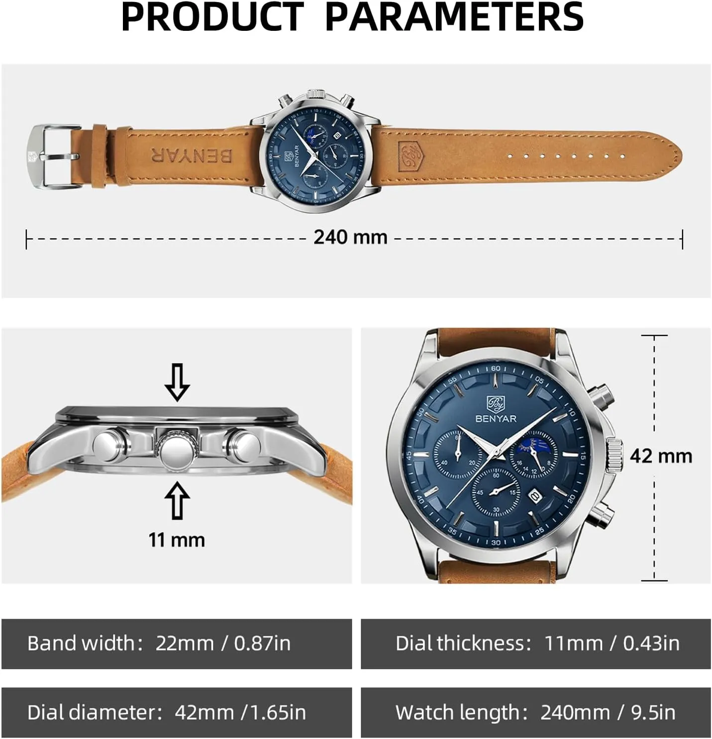 BY BENYAR Mens Watches Analog Quartz Chronograph Waterproof Wrist Watches for Men Fashion Business Work Casual Sport Designer Dress Watch with Calendar Elegant Gifts for Men