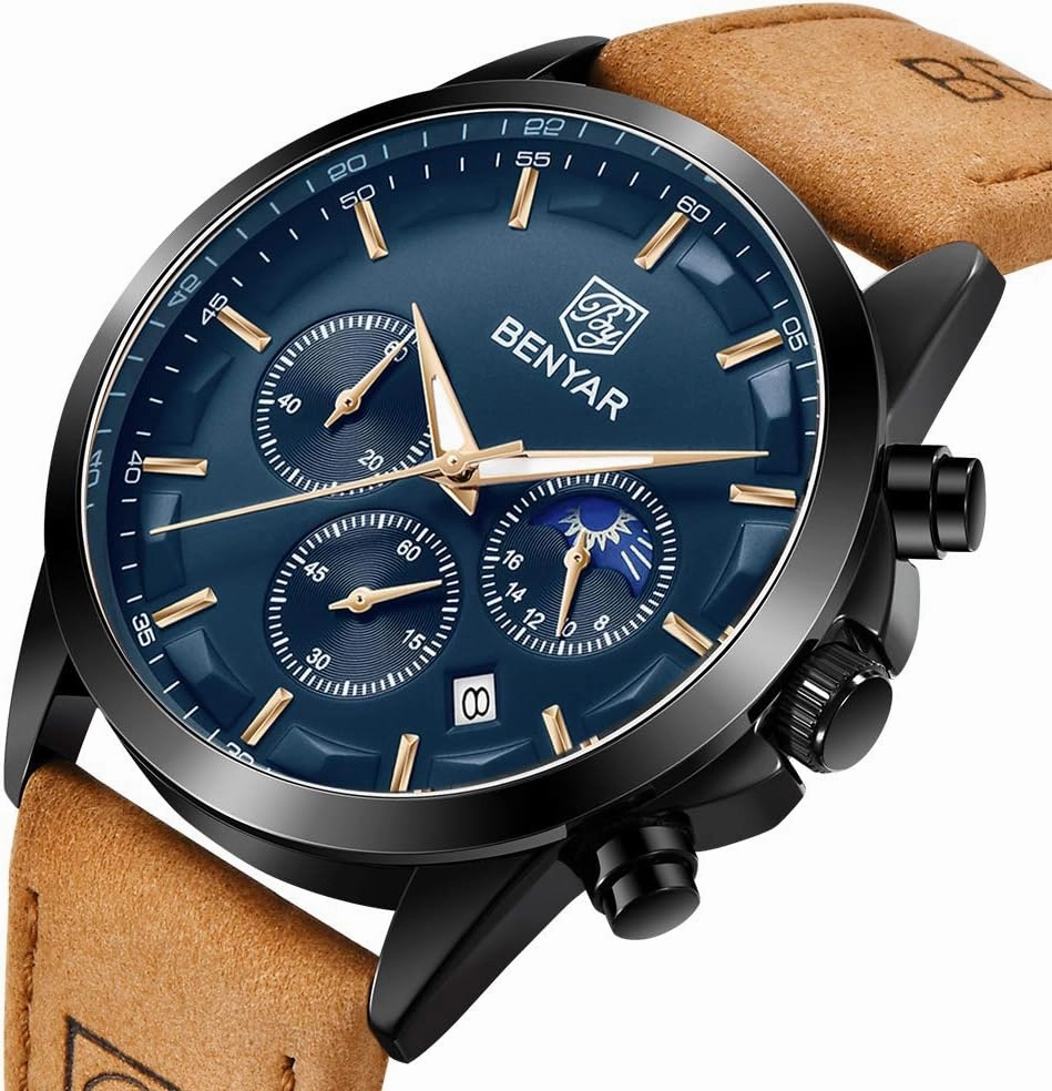 BY BENYAR Mens Watches Analog Quartz Chronograph Waterproof Wrist Watches for Men Fashion Business Work Casual Sport Designer Dress Watch with Calendar Elegant Gifts for Men