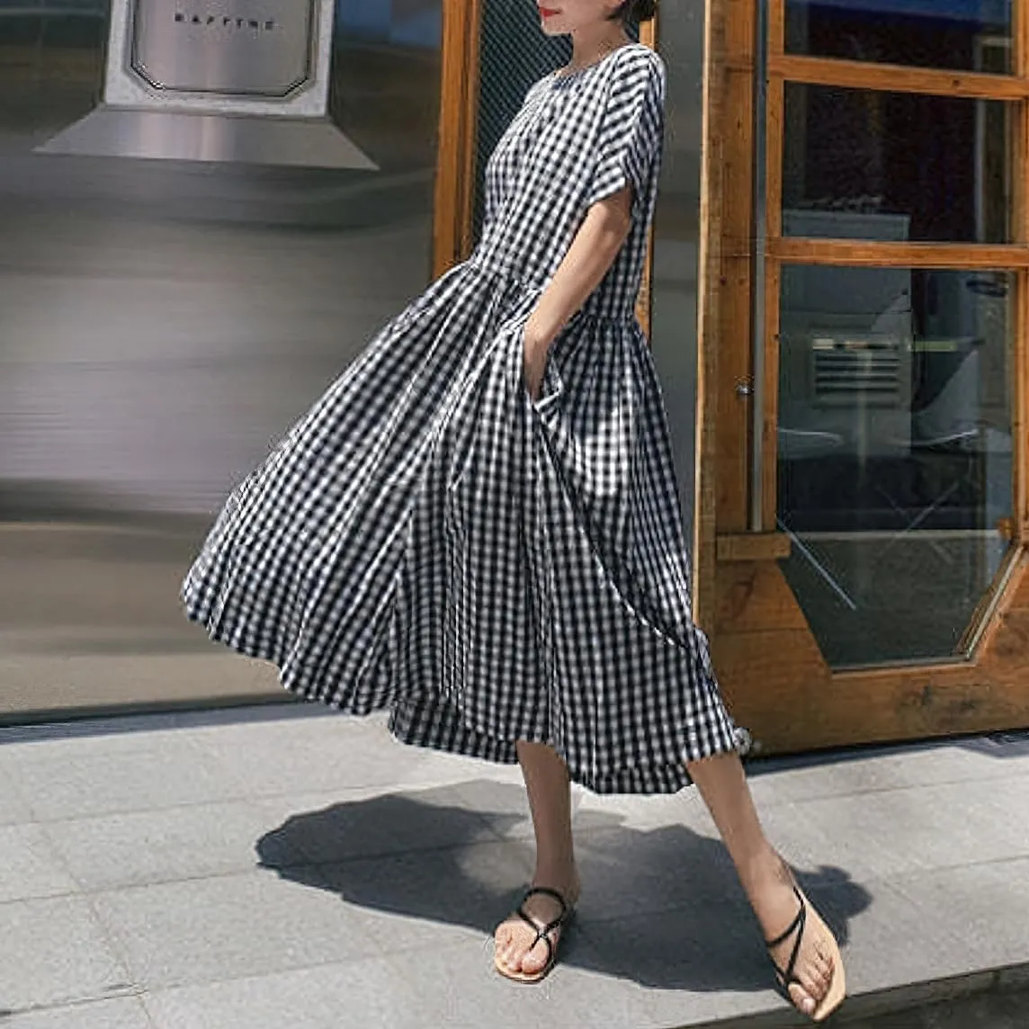 chouyatou Women's Summer Plaid Short Sleeve Loose Fit Cotton Dress Gingham Midi Shirt Dress with Pockets