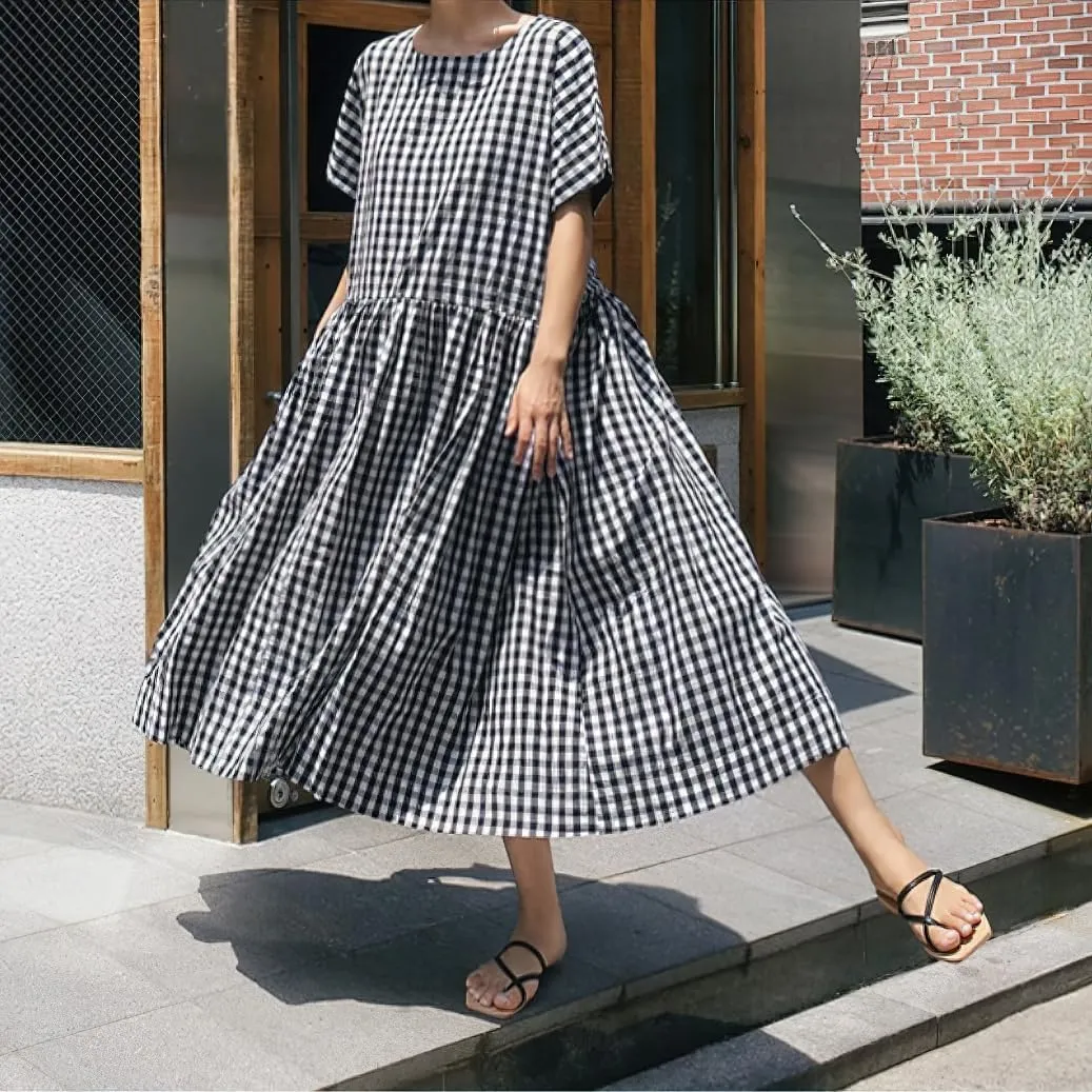 chouyatou Women's Summer Plaid Short Sleeve Loose Fit Cotton Dress Gingham Midi Shirt Dress with Pockets