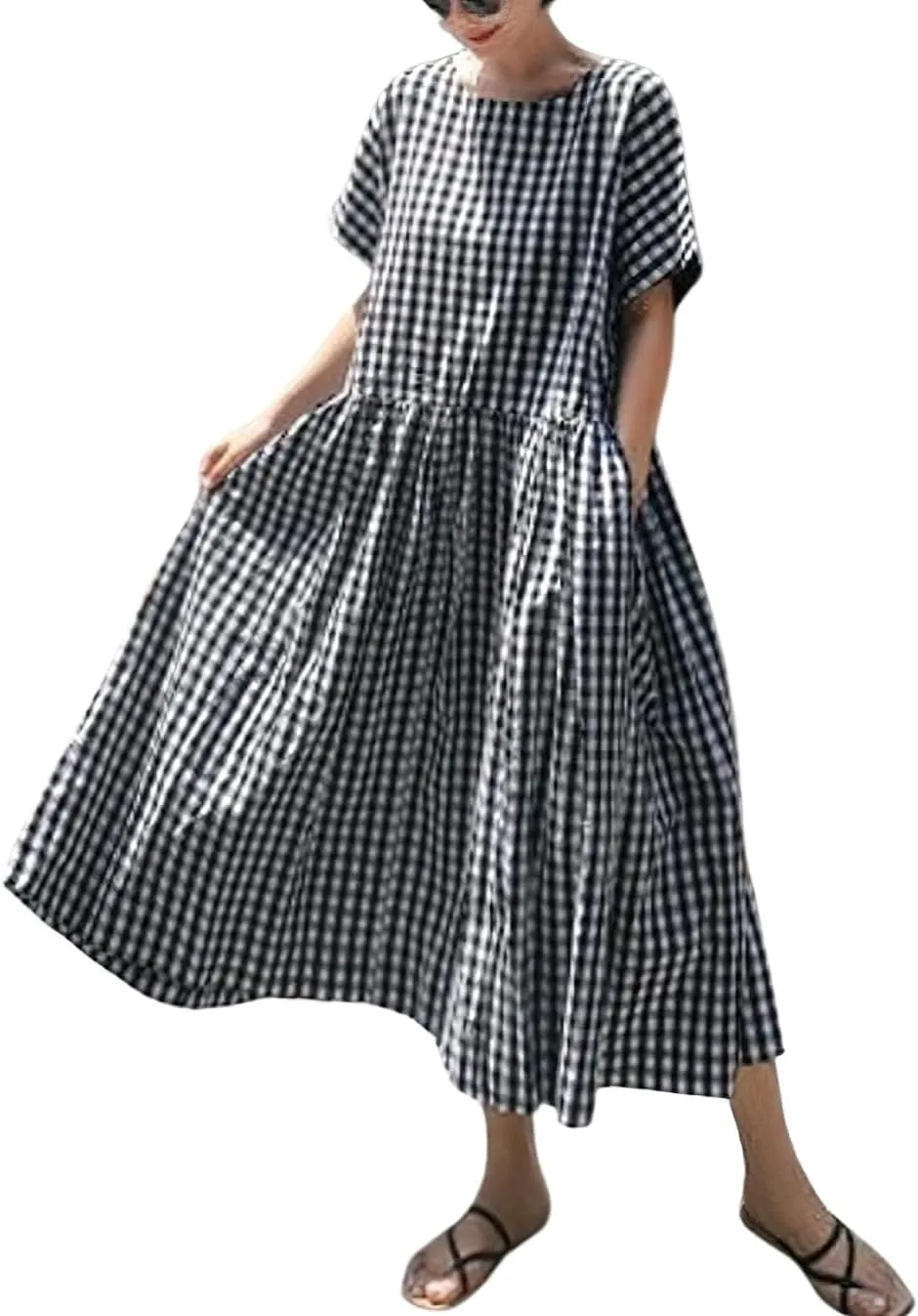chouyatou Women's Summer Plaid Short Sleeve Loose Fit Cotton Dress Gingham Midi Shirt Dress with Pockets