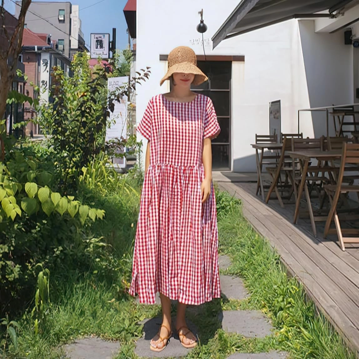chouyatou Women's Summer Plaid Short Sleeve Loose Fit Cotton Dress Gingham Midi Shirt Dress with Pockets