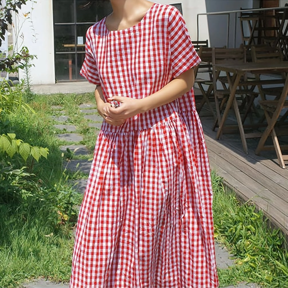 chouyatou Women's Summer Plaid Short Sleeve Loose Fit Cotton Dress Gingham Midi Shirt Dress with Pockets