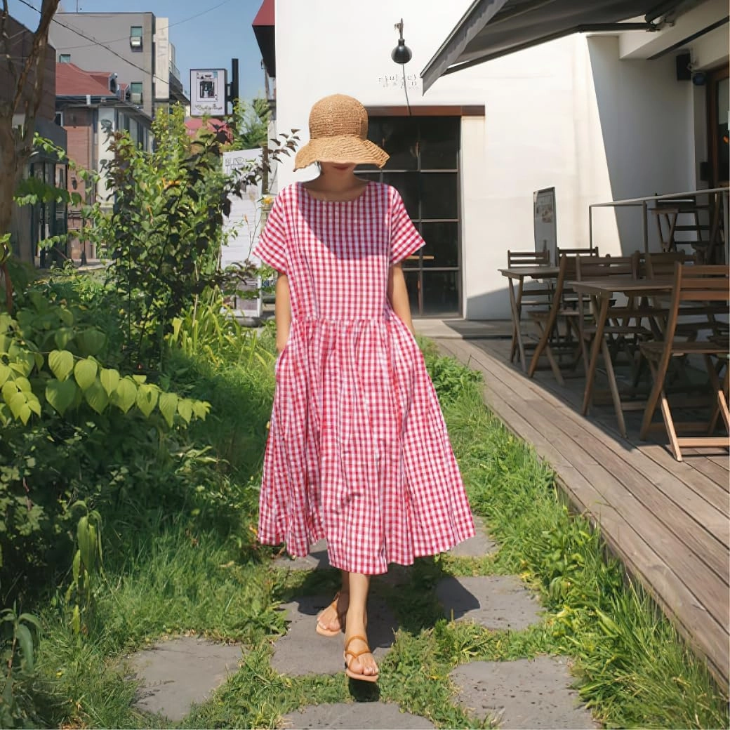 chouyatou Women's Summer Plaid Short Sleeve Loose Fit Cotton Dress Gingham Midi Shirt Dress with Pockets