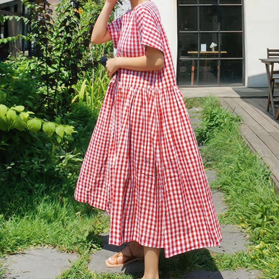 chouyatou Women's Summer Plaid Short Sleeve Loose Fit Cotton Dress Gingham Midi Shirt Dress with Pockets