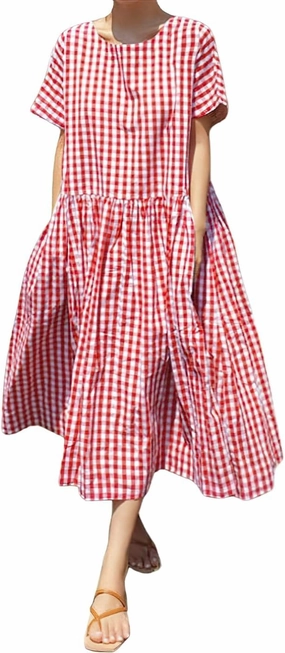 chouyatou Women's Summer Plaid Short Sleeve Loose Fit Cotton Dress Gingham Midi Shirt Dress with Pockets