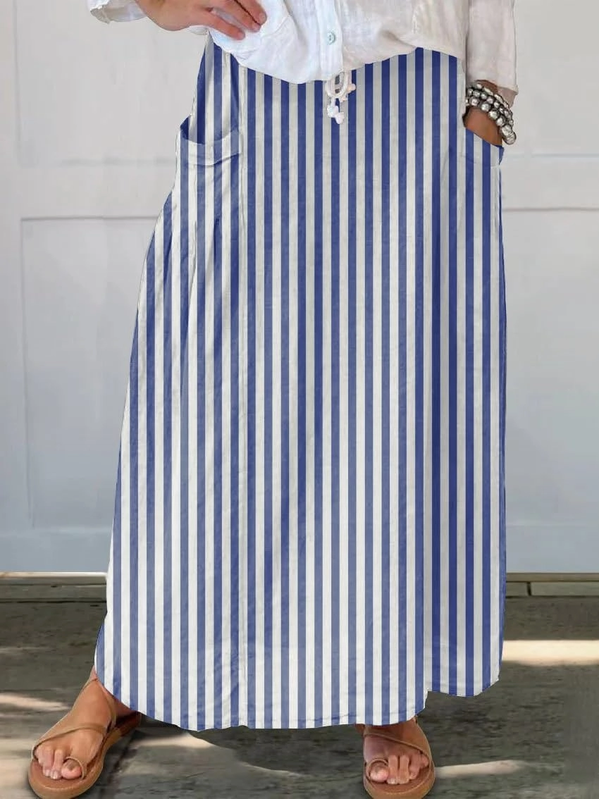 chouyatou Women's Vertical Striped High Waist Maxi Skirt Vintage Floral Cotton Long Skirt with Pockets