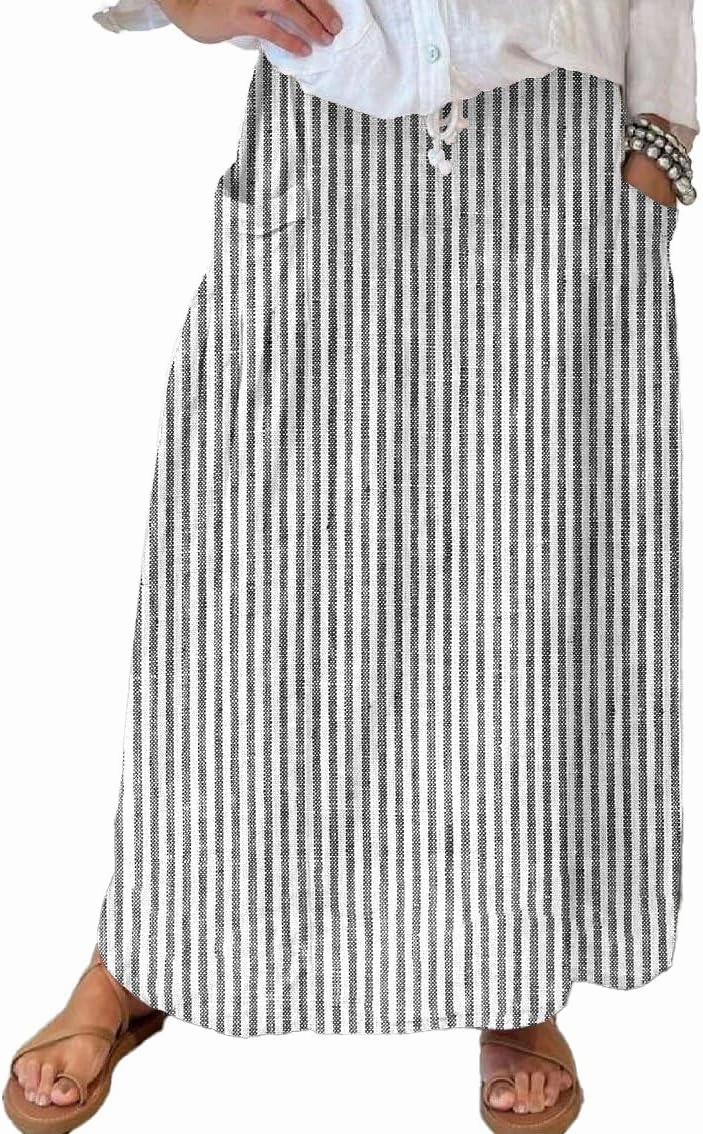 chouyatou Women's Vertical Striped High Waist Maxi Skirt Vintage Floral Cotton Long Skirt with Pockets