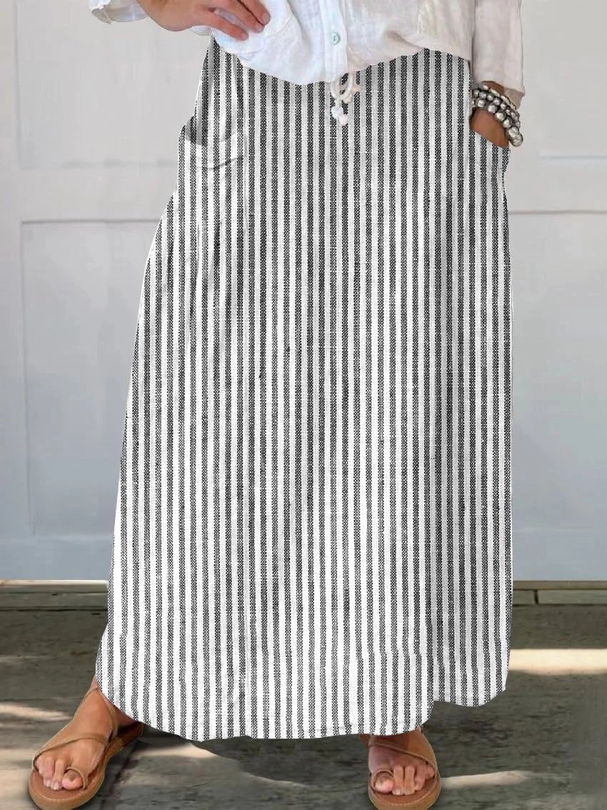 chouyatou Women's Vertical Striped High Waist Maxi Skirt Vintage Floral Cotton Long Skirt with Pockets