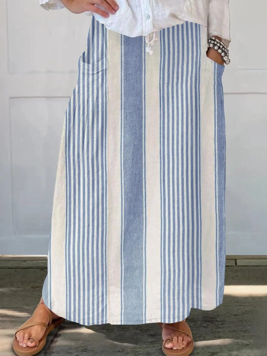 chouyatou Women's Vertical Striped High Waist Maxi Skirt Vintage Floral Cotton Long Skirt with Pockets