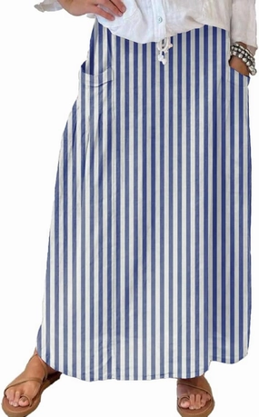 chouyatou Women's Vertical Striped High Waist Maxi Skirt Vintage Floral Cotton Long Skirt with Pockets