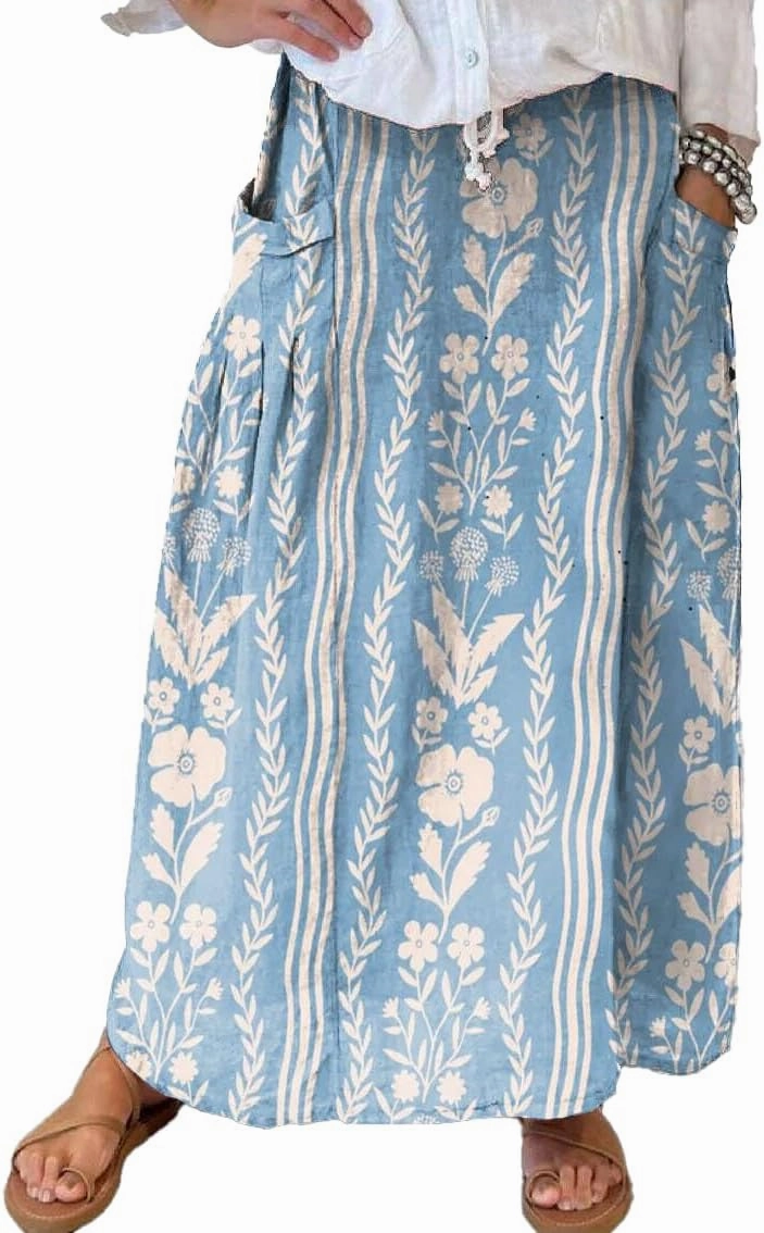chouyatou Women's Vertical Striped High Waist Maxi Skirt Vintage Floral Cotton Long Skirt with Pockets