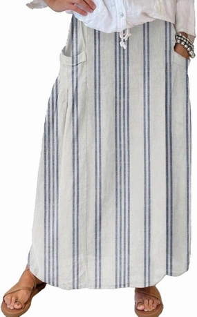 chouyatou Women's Vertical Striped High Waist Maxi Skirt Vintage Floral Cotton Long Skirt with Pockets