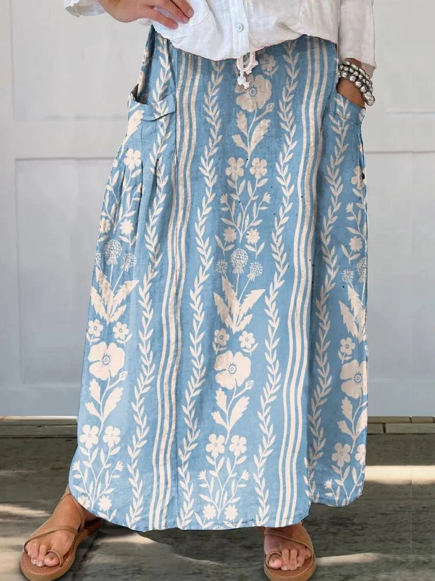 chouyatou Women's Vertical Striped High Waist Maxi Skirt Vintage Floral Cotton Long Skirt with Pockets