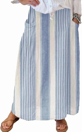 chouyatou Women's Vertical Striped High Waist Maxi Skirt Vintage Floral Cotton Long Skirt with Pockets
