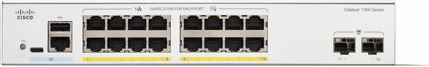 Cisco Catalyst 1300-16FP-2G Managed Switch, 16 Port GE, Full PoE, 2x1GE SFP, Limited Lifetime Protection (C1300-16FP-2G)