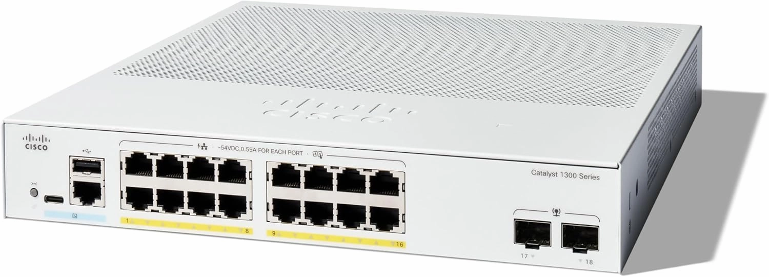 Cisco Catalyst 1300-16FP-2G Managed Switch, 16 Port GE, Full PoE, 2x1GE SFP, Limited Lifetime Protection (C1300-16FP-2G)