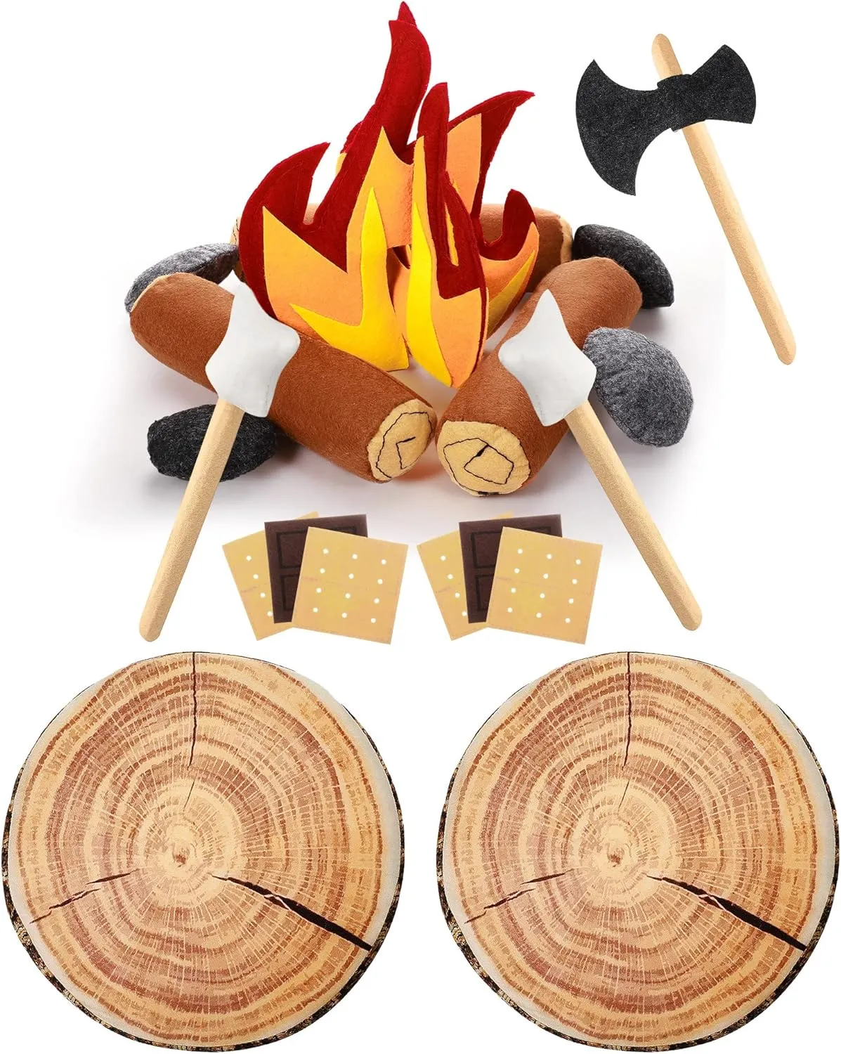 Civaner 20 Pcs Pretend Camping Play Set, 2 Pcs Decorative Round Throw Pillow, Camping Safe Fake Campfire Plush Wood Shaped Floor Cushion for Adults Dramatic Play Picnic Home Outdoor Decorations