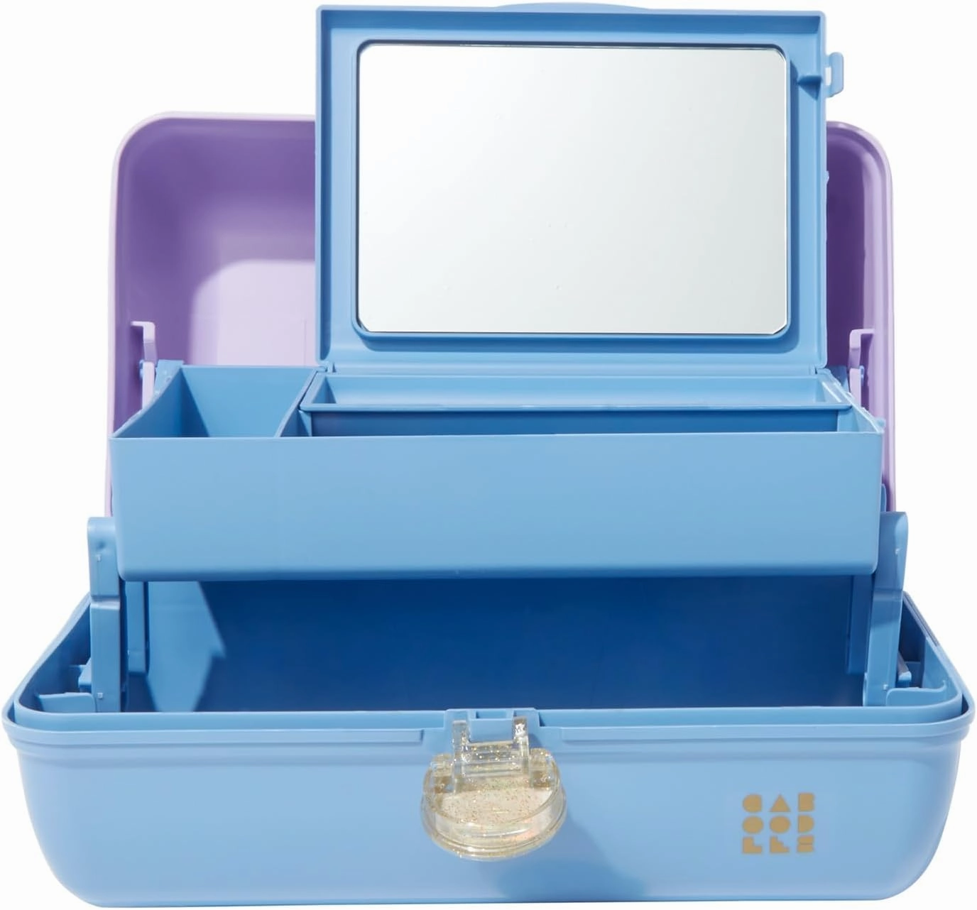Claire's Features - Caboodles Makeup Case, On the Go Girl Travel Cosmetic Organizer with Mirror, Lavender & Blue with Glitter Gold Handle Storage Box: 13 x 7.4 x 6 Inches