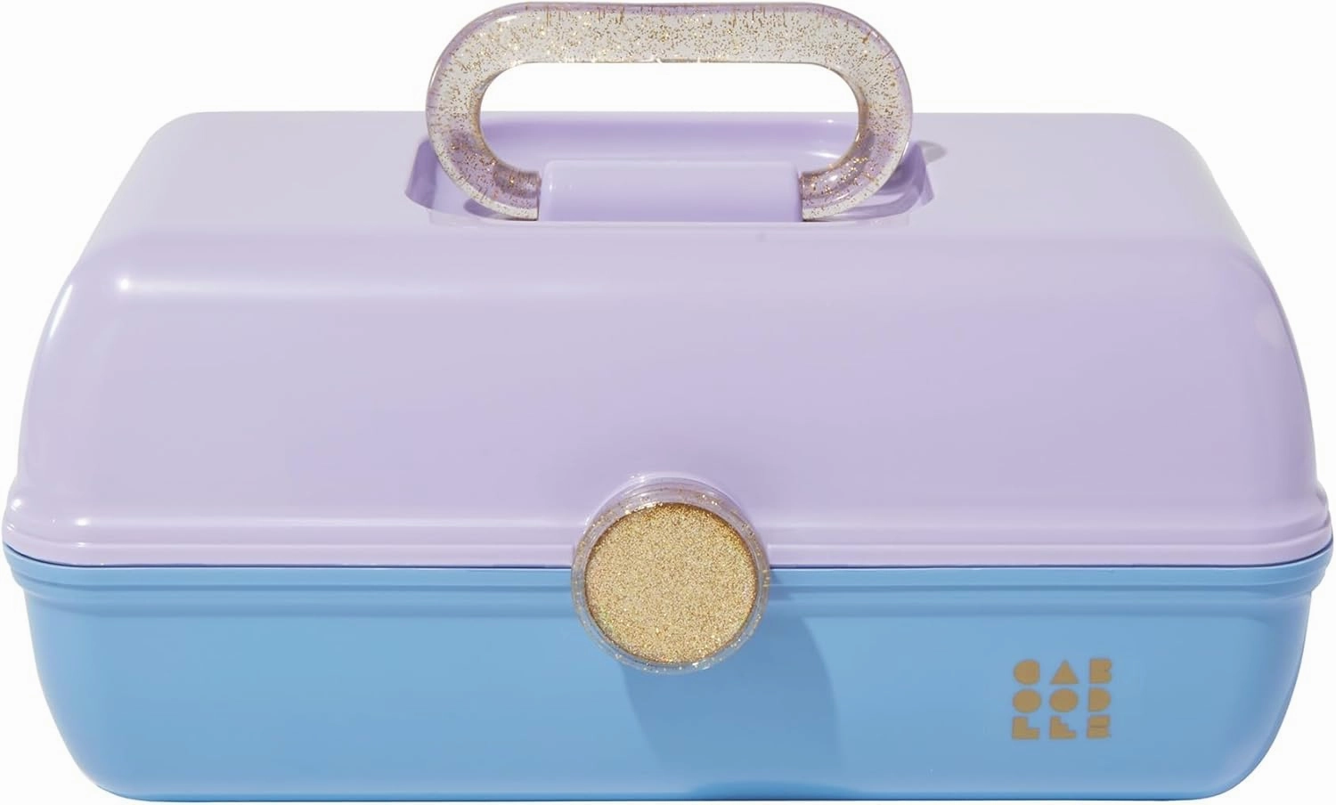 Claire's Features - Caboodles Makeup Case, On the Go Girl Travel Cosmetic Organizer with Mirror, Lavender & Blue with Glitter Gold Handle Storage Box: 13 x 7.4 x 6 Inches