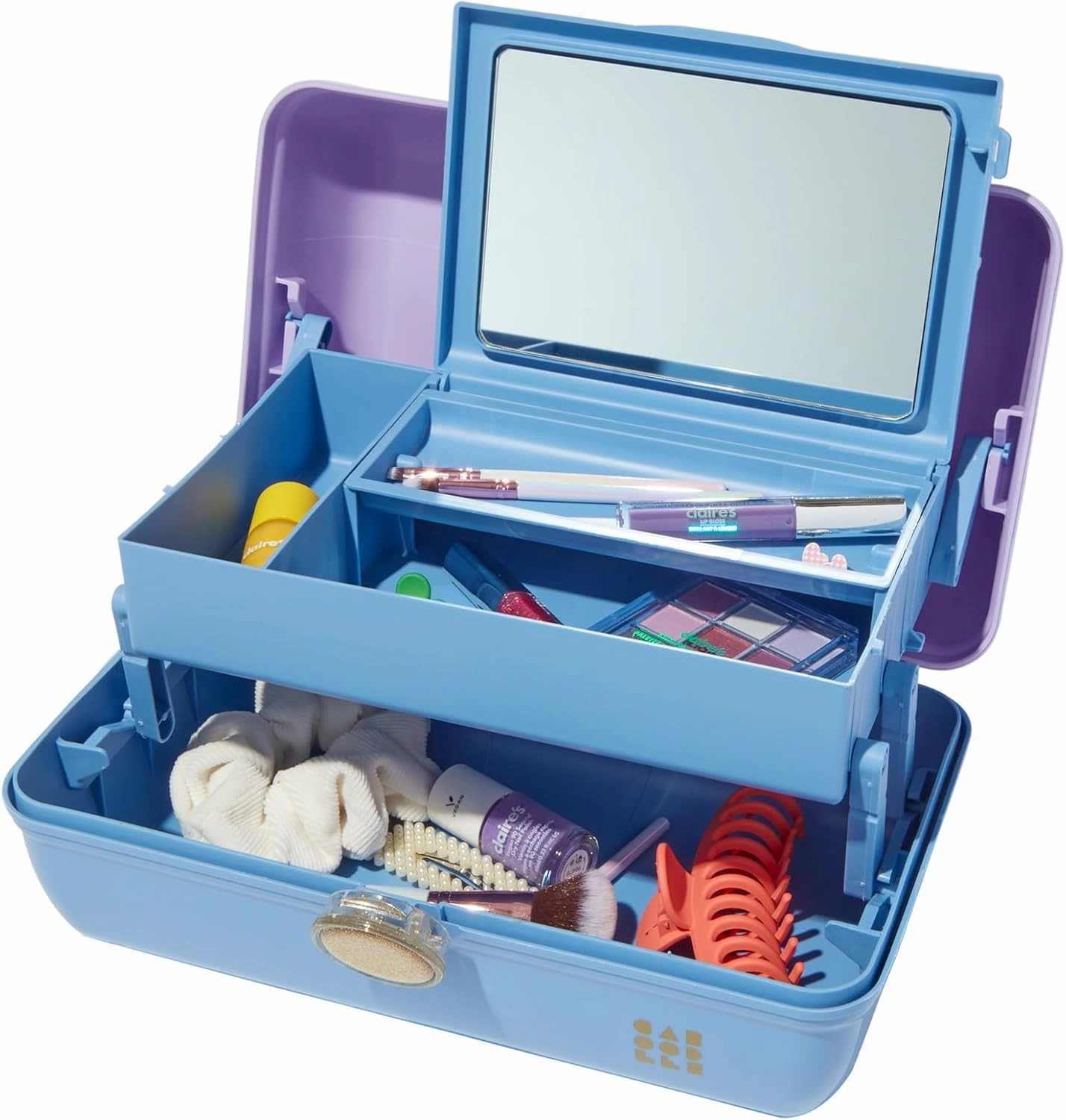 Claire's Features - Caboodles Makeup Case, On the Go Girl Travel Cosmetic Organizer with Mirror, Lavender & Blue with Glitter Gold Handle Storage Box: 13 x 7.4 x 6 Inches