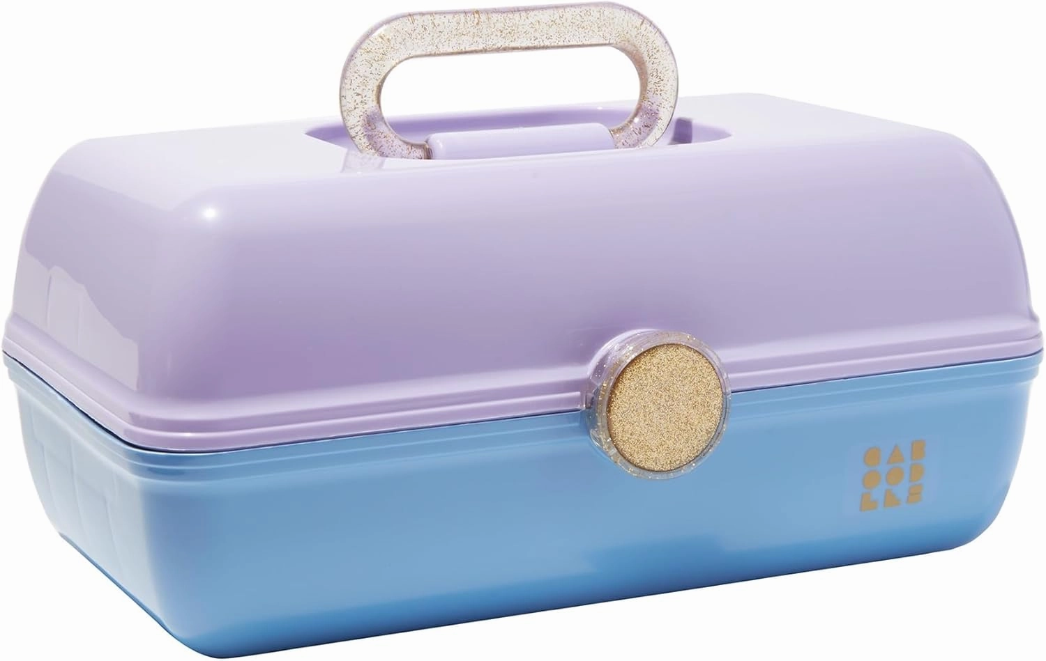 Claire's Features - Caboodles Makeup Case, On the Go Girl Travel Cosmetic Organizer with Mirror, Lavender & Blue with Glitter Gold Handle Storage Box: 13 x 7.4 x 6 Inches