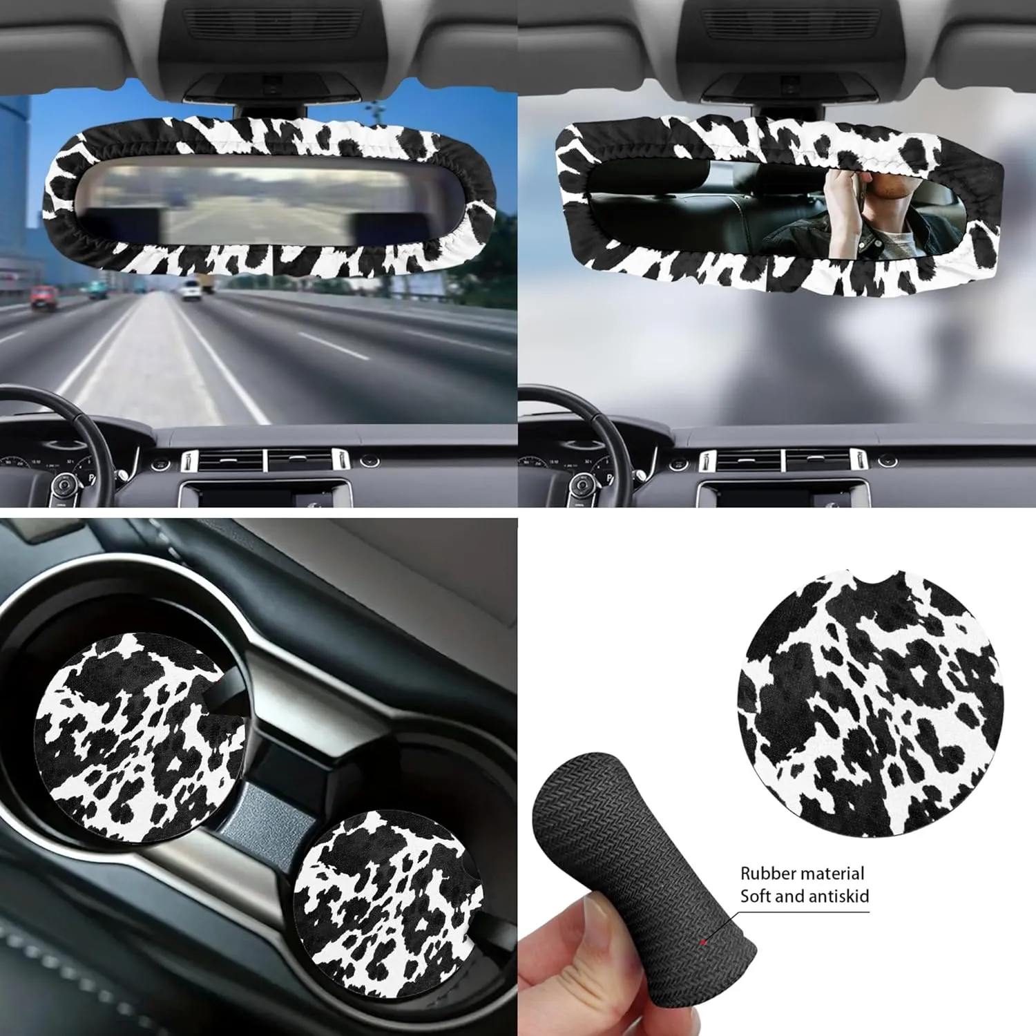 CLOHOMIN Cow Print Car Seat Cover Full Set of 14 Cute Steering Wheel Cover Seatbelt Pads Auto Armrest Cover Trash Bin Rearview Mirror Cover Handbrake Cover Set Coasters for Van SUV Sedan