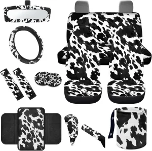 CLOHOMIN Cow Print Car Seat Cover Full Set of 14 Cute Steering Wheel Cover Seatbelt Pads Auto Armrest Cover Trash Bin Rearview Mirror Cover Handbrake Cover Set Coasters for Van SUV Sedan