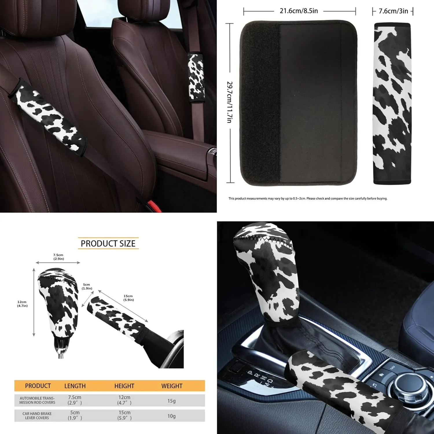 CLOHOMIN Cow Print Car Seat Cover Full Set of 14 Cute Steering Wheel Cover Seatbelt Pads Auto Armrest Cover Trash Bin Rearview Mirror Cover Handbrake Cover Set Coasters for Van SUV Sedan