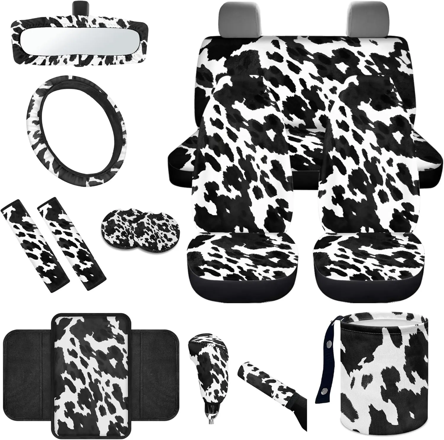 CLOHOMIN Cow Print Car Seat Cover Full Set of 14 Cute Steering Wheel Cover Seatbelt Pads Auto Armrest Cover Trash Bin Rearview Mirror Cover Handbrake Cover Set Coasters for Van SUV Sedan