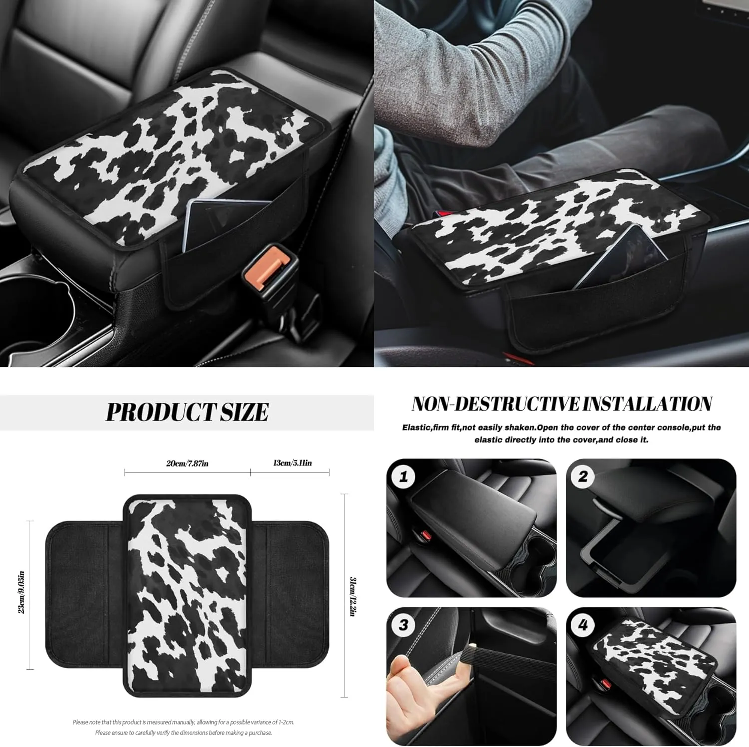 CLOHOMIN Cow Print Car Seat Cover Full Set of 14 Cute Steering Wheel Cover Seatbelt Pads Auto Armrest Cover Trash Bin Rearview Mirror Cover Handbrake Cover Set Coasters for Van SUV Sedan